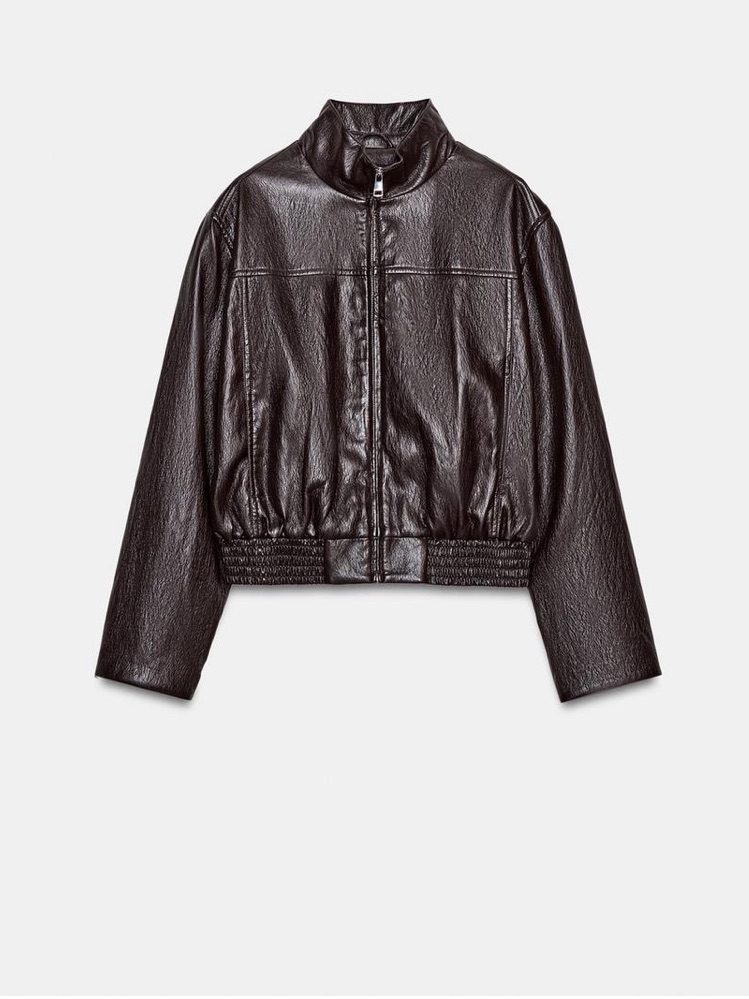 Zara Dark Brown Leather Bomber Jacket